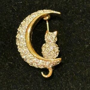 Carolee Rhinestone Cat on a Moon Brooch